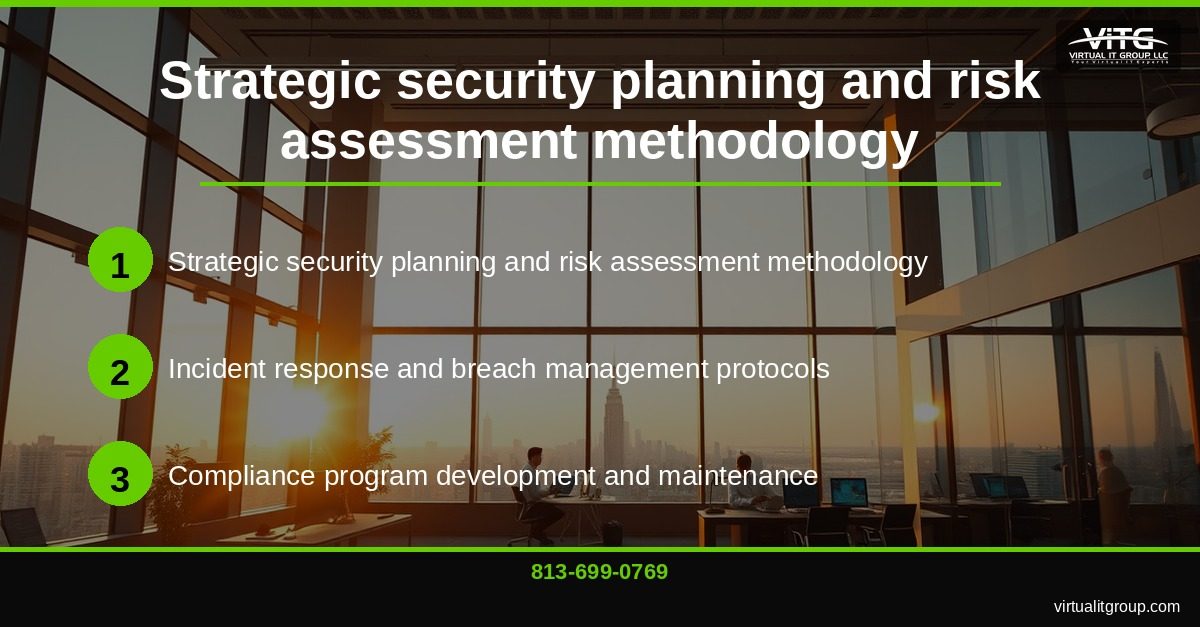 Central Florida business executive reviewing cybersecurity strategy with vCISO consultant